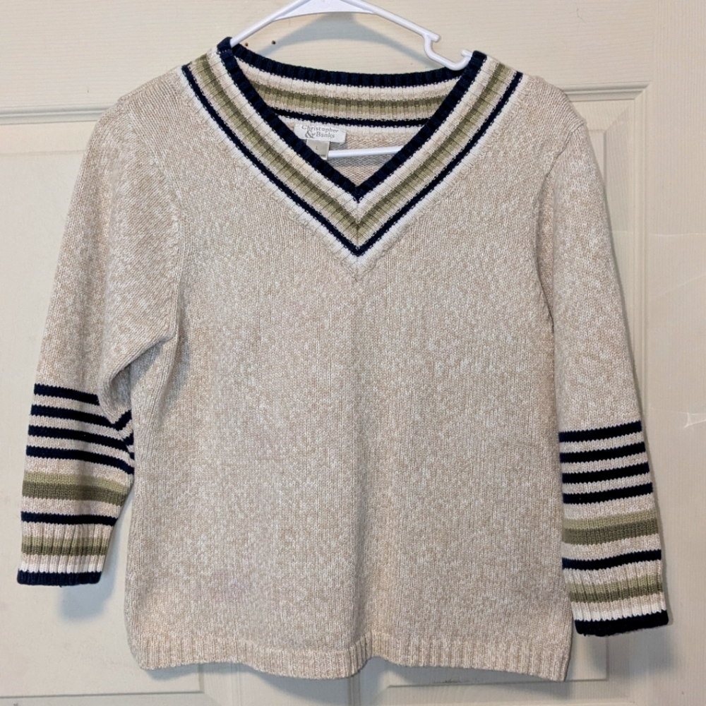 Earth tones Striped V-Neck Sweater Christopher & Banks 3/4 sleeve